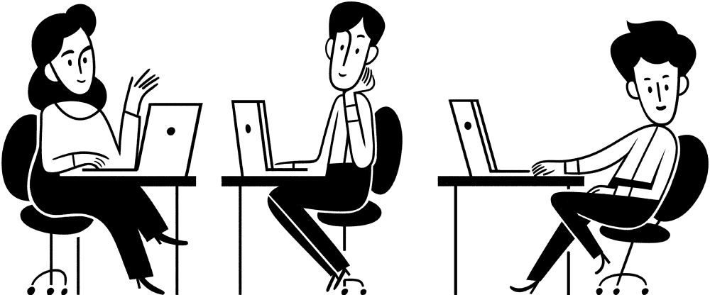 一幅几个人在办公桌前用电脑工作的插图