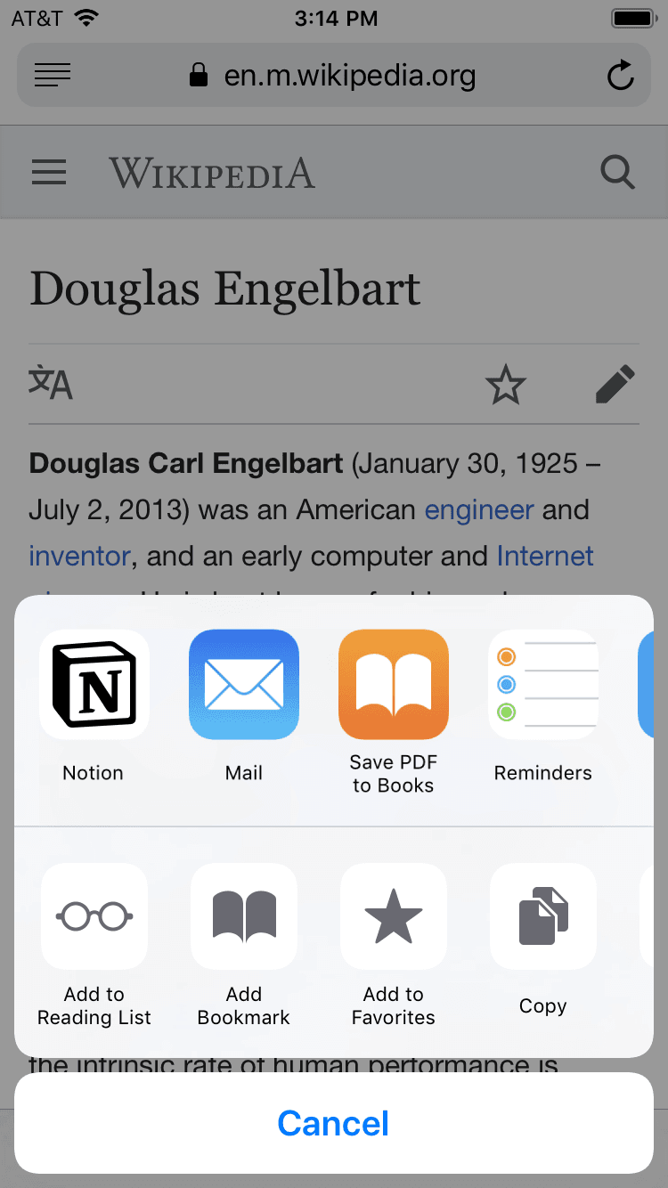 一个iOS共享表的截图,显示Notion和其他应用的链接。