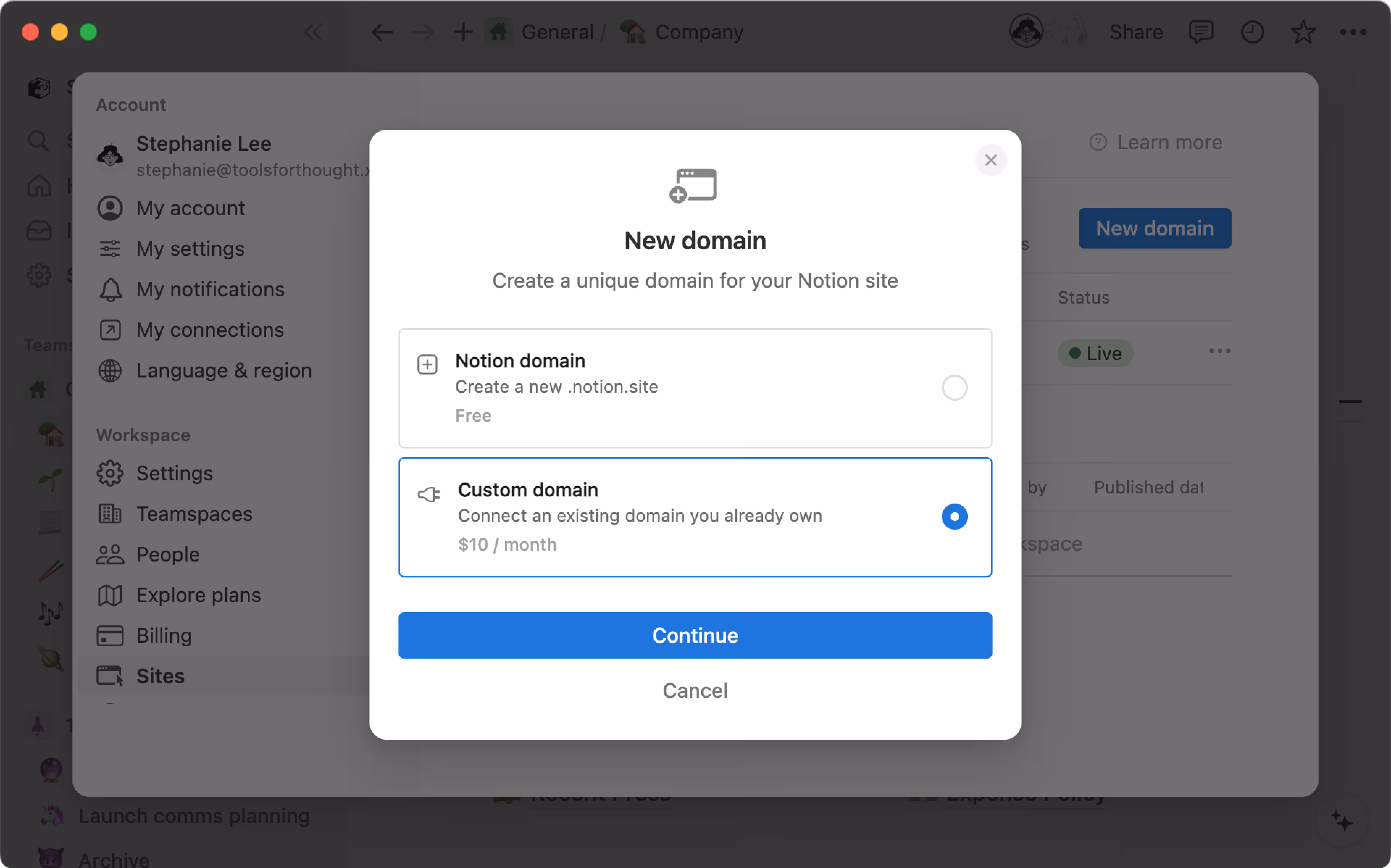 hc: connect a custom domain hero