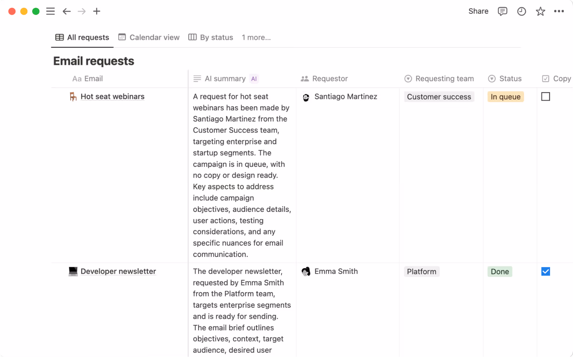 An AI summary column in a Notion workflow that shows how AI condenses updates so teams can spot key details and risks at a glance