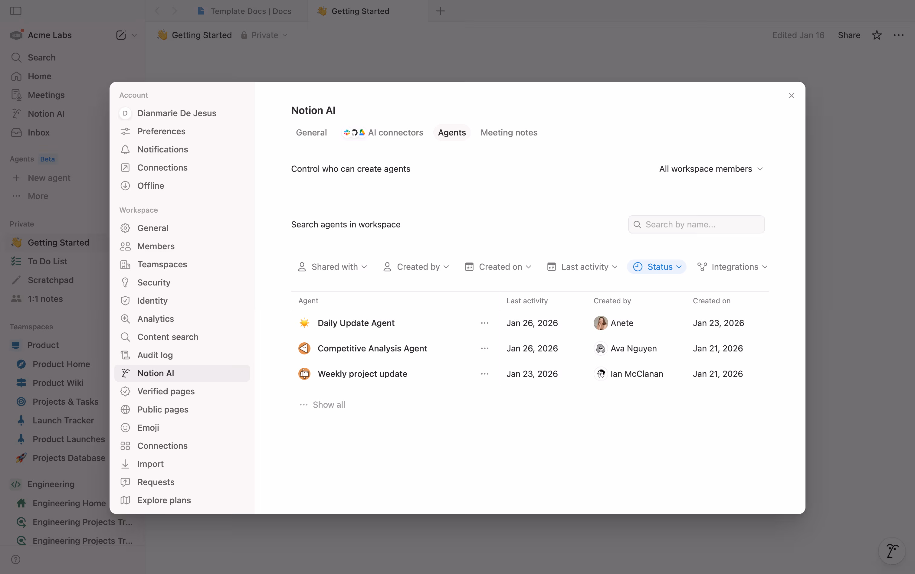 Image of agent directory within Notion AI.