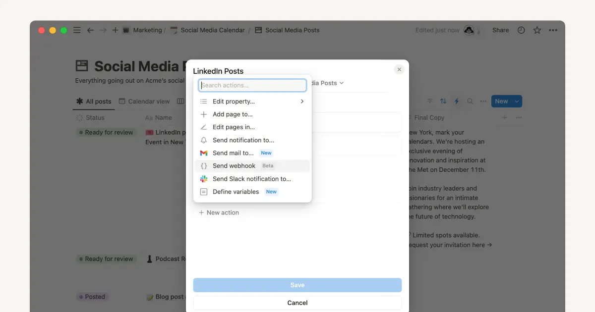 Share social media posts from Notion with webhook actions